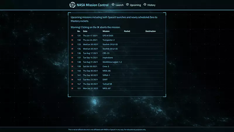 Launch control site upcoming launches screen preview